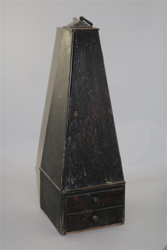 An 18th century Culpepers three pillared microscope, microscope 12.5in., case overall 22.5in.